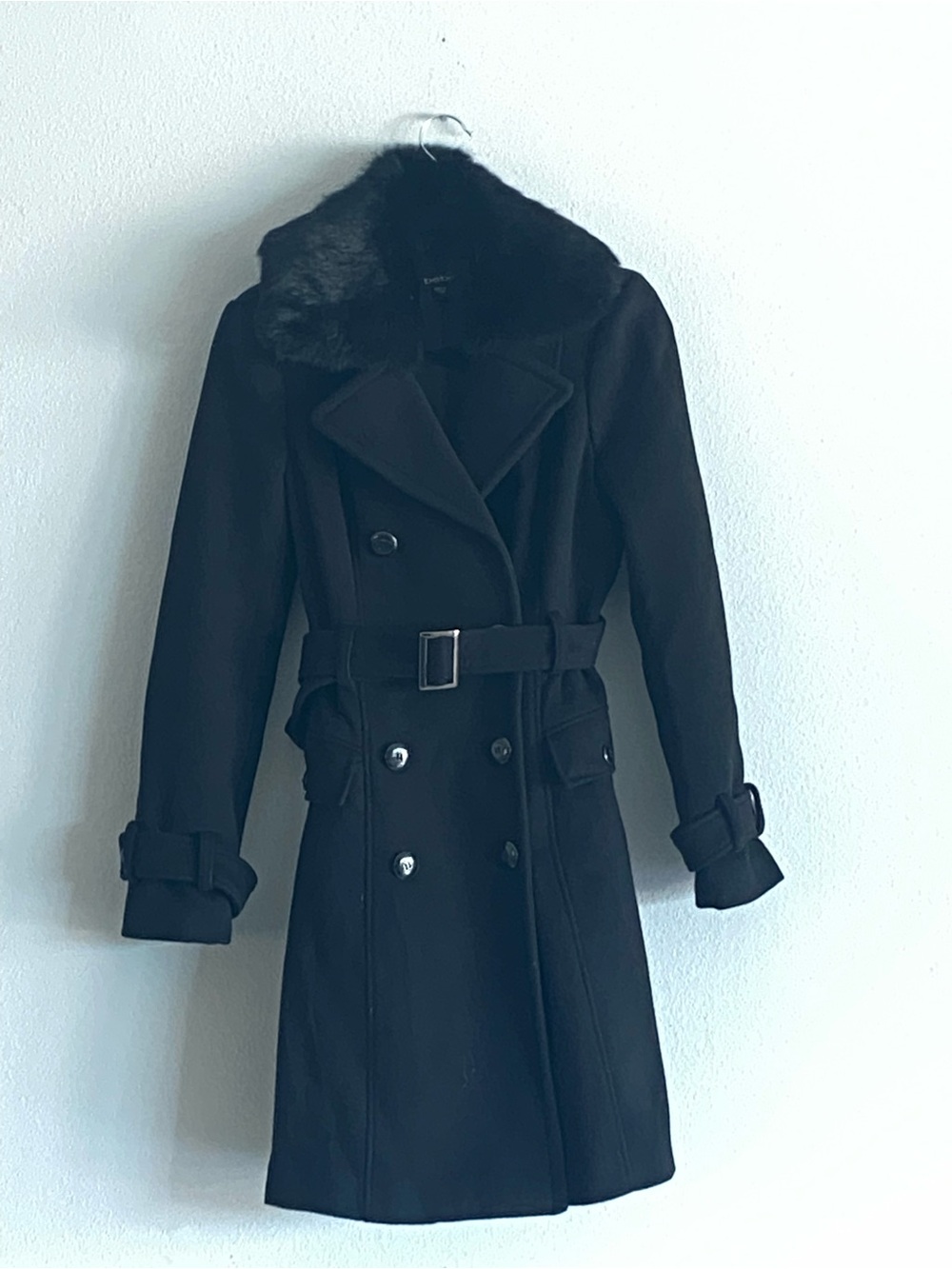 bebe Black Double-Breasted Trench Coat with Faux Fur Collar - Picture 9 of 9